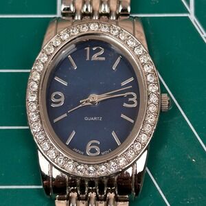 Silver Tone Oval Face Crystal Bezel Quartz Watch Japan Movt Ladies